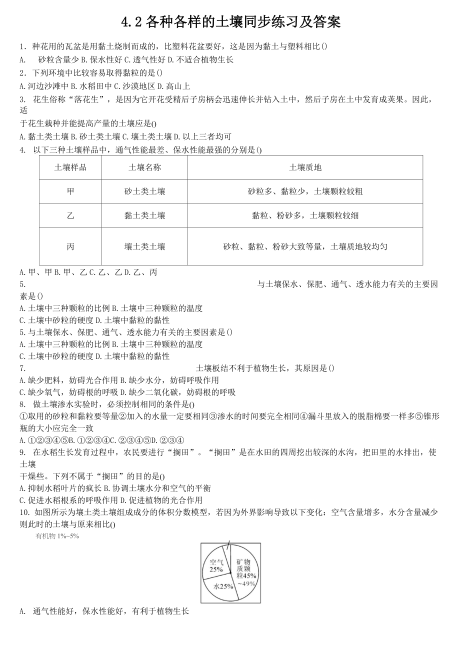 4.2 各種各樣的土壤 同步練習(xí)及答案_第1頁