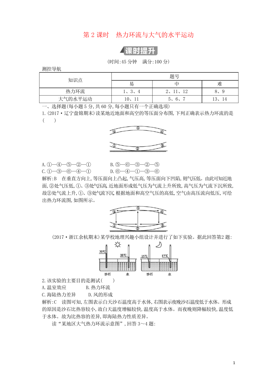 (山東密卷)2019版高中地理 第二章第2課時 熱力環(huán)流與大氣的水平運動試題 必修1_第1頁