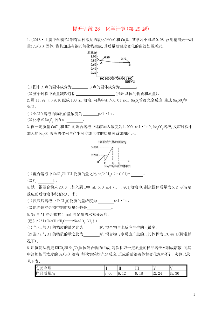 2019高考化學(xué) 考前提升訓(xùn)練28 化學(xué)計(jì)算(第29題)(考試專用)_第1頁