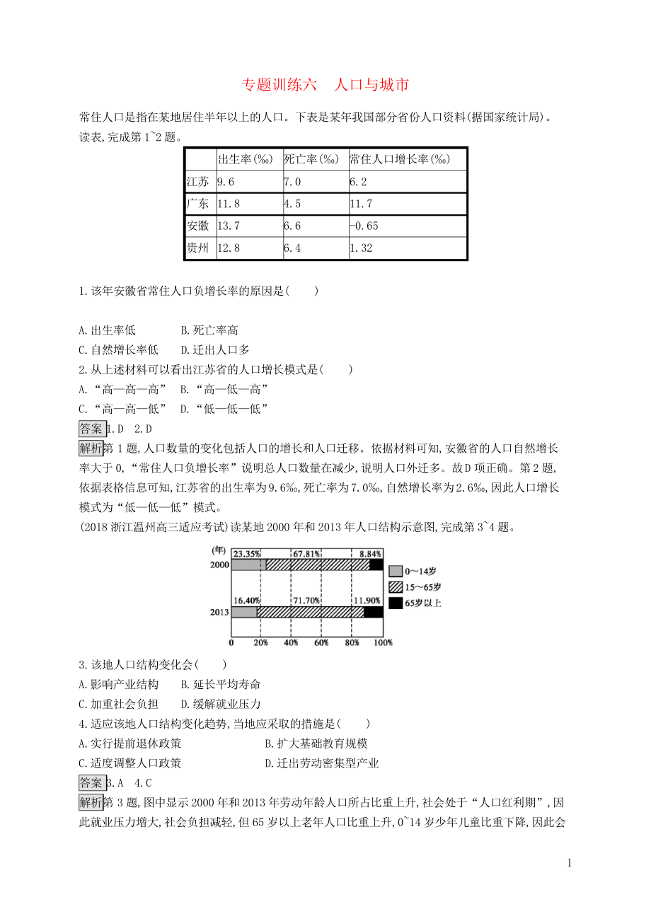 2019版高考地理大二輪復(fù)習(xí) 專(zhuān)題六 人口與城市專(zhuān)題訓(xùn)練(考試專(zhuān)用)_第1頁(yè)