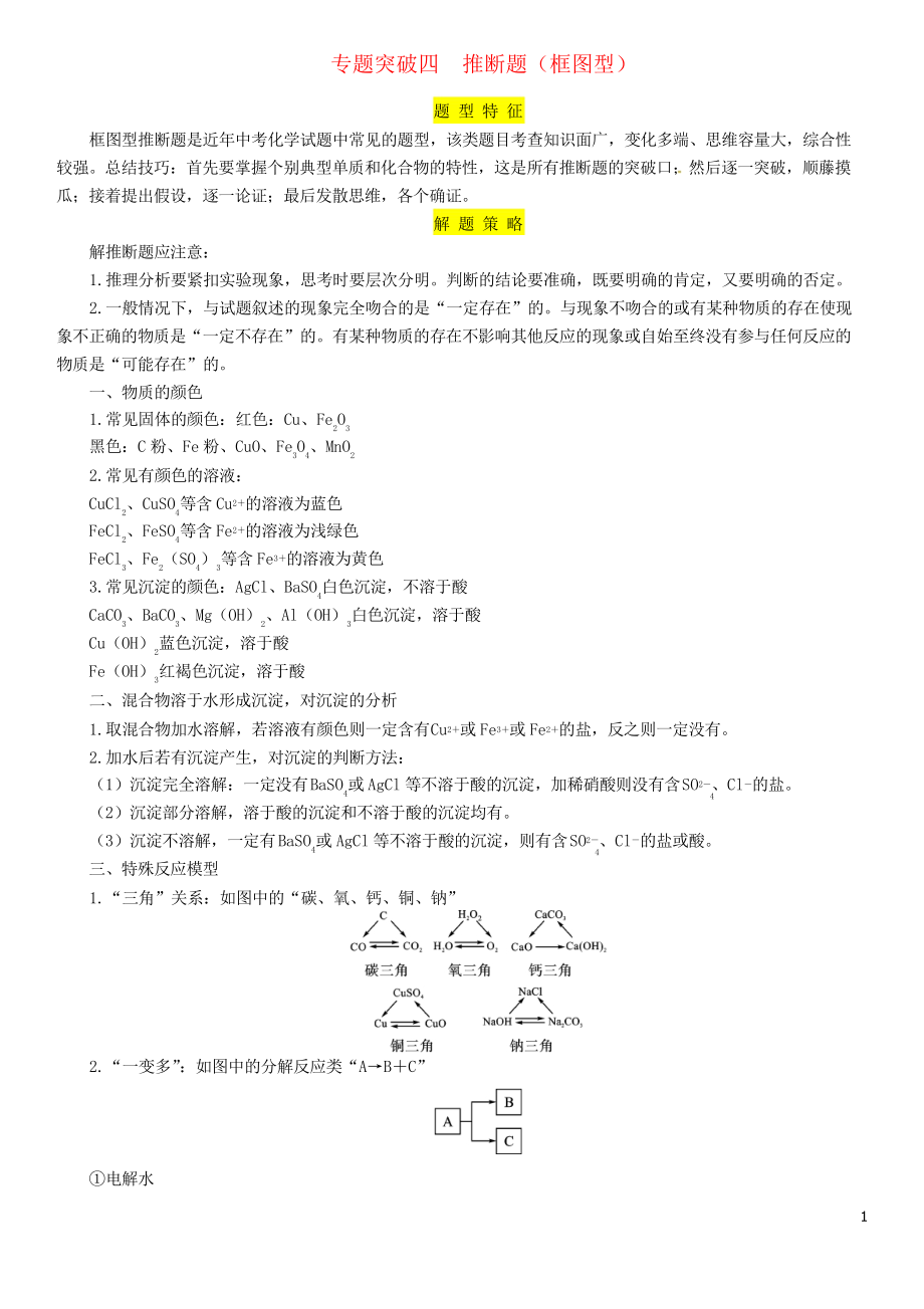 2019屆中考化學(xué)復(fù)習(xí) 第2編 重點專題突破篇 專題突破4 推斷題(框圖型)(精講)練習(xí)_第1頁