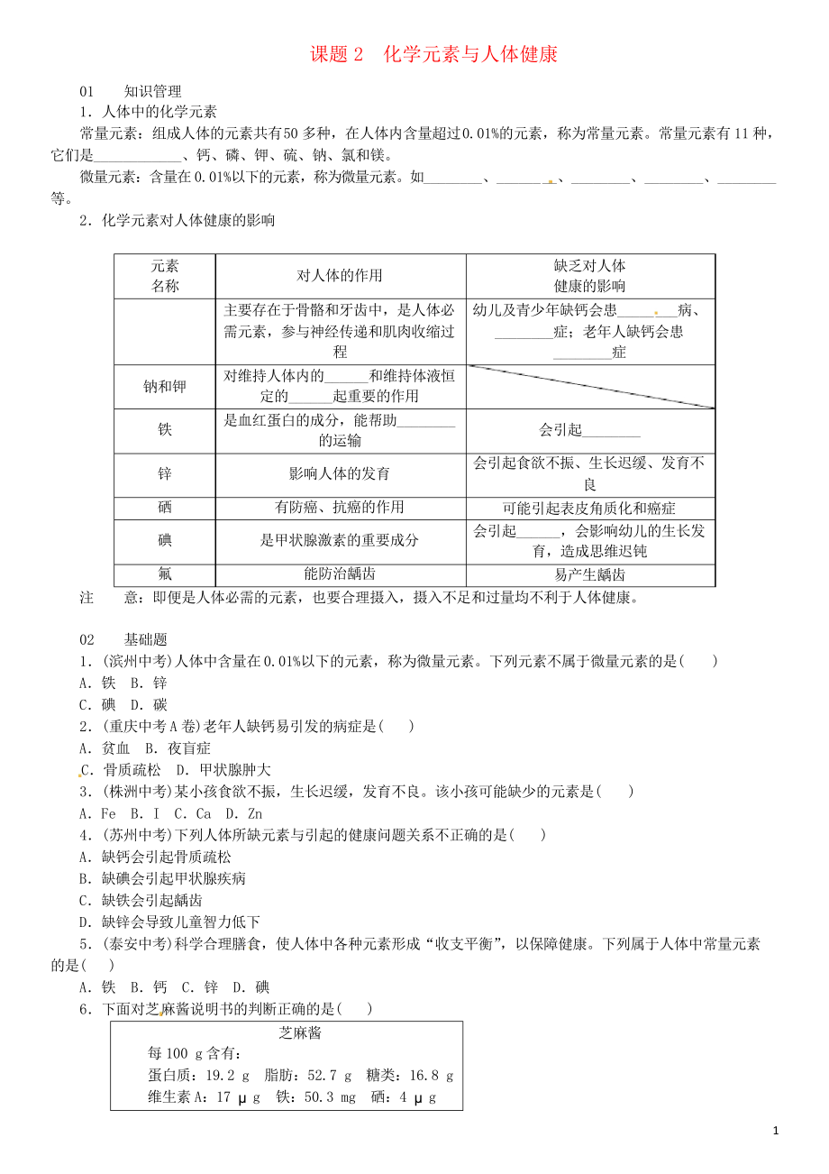 2019九年級化學下冊 第十二單元 化學與生活 課題2 化學元素與人體健康同步練習_第1頁