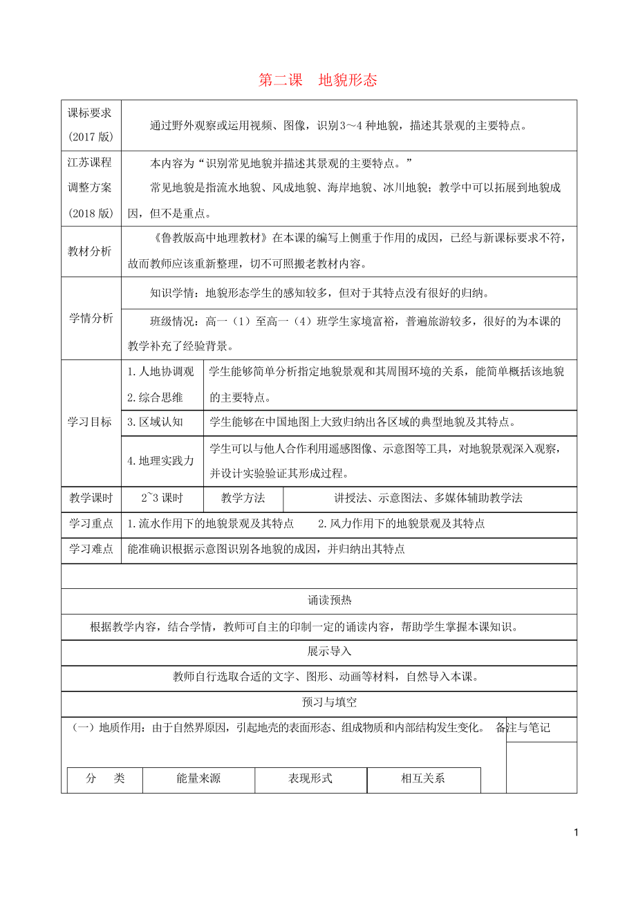 2019高中地理 第二單元 地球的圈層結構和地貌形態(tài) 第二課 地貌形態(tài)導學案 魯教版必修1(考試必用)_第1頁