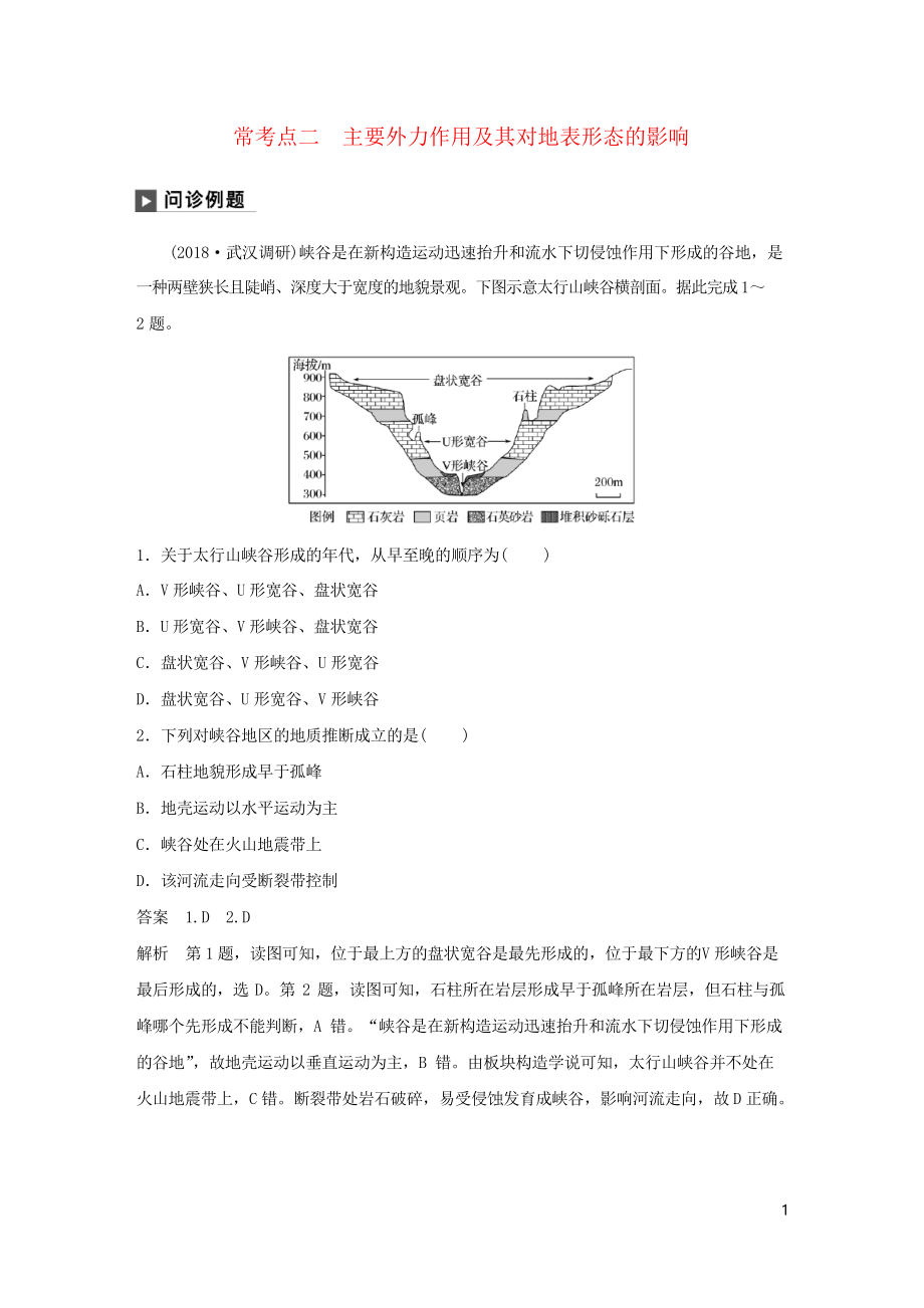 2019版高考地理二輪復習專題四 地質地貌原理 ?？键c二 主要外力作用及其對地表形態(tài)的影響訓練_第1頁