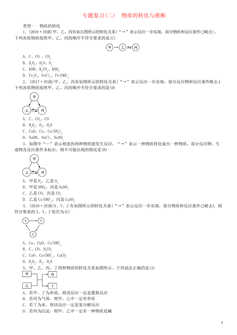 2019九年級化學(xué)下冊 專題復(fù)習(xí)物質(zhì)的轉(zhuǎn)化與推斷習(xí)題 復(fù)習(xí)專用新人教版_第1頁