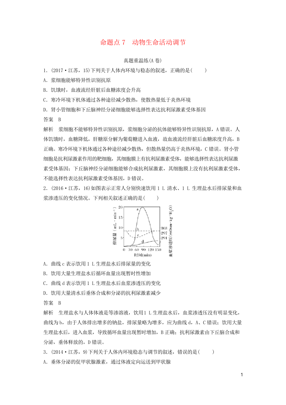 2020高考生物二轮复习 选择题稳拿满分专项练 命题点7 动物生命活动调节_第1页