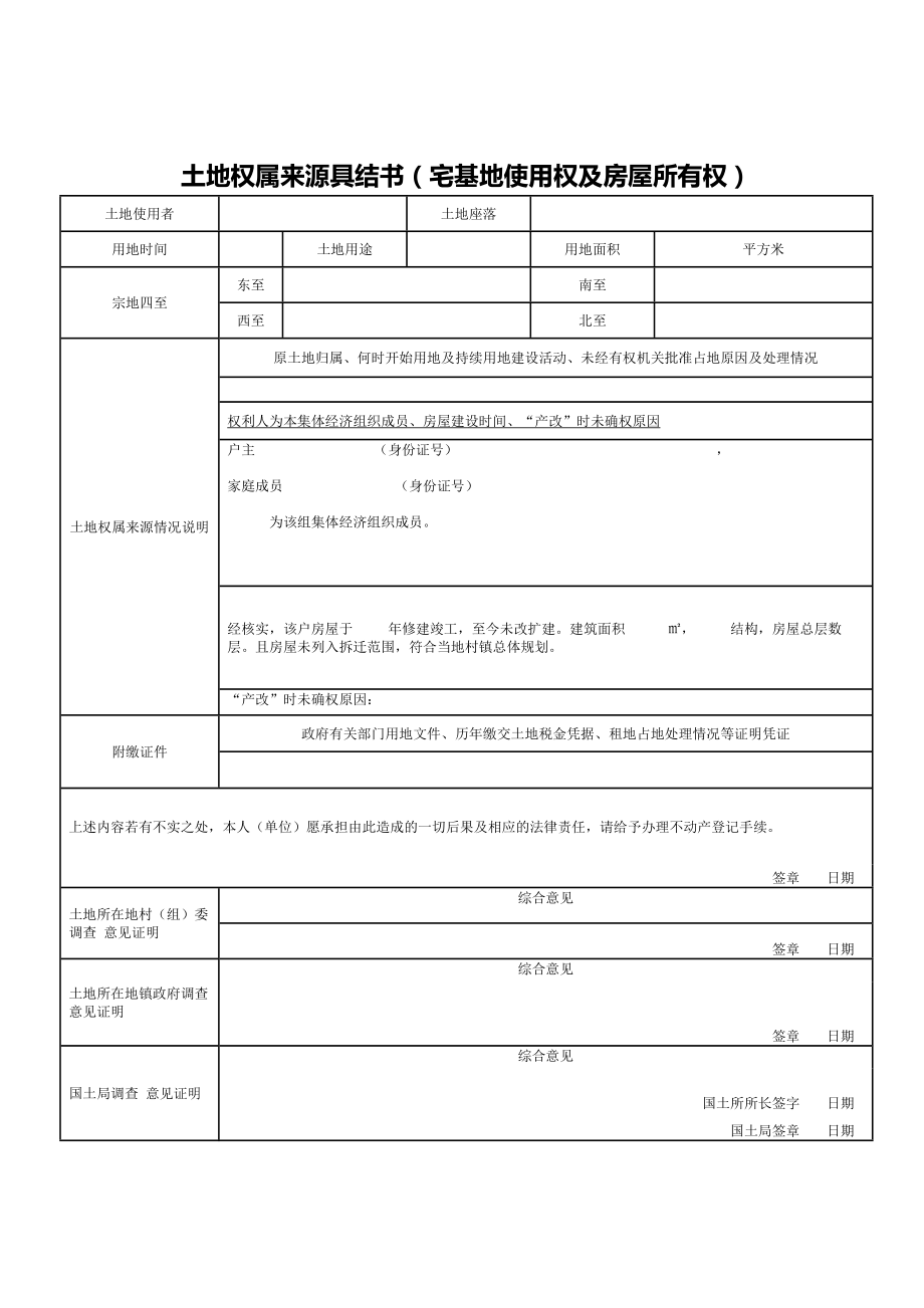 土地权属来源具结书（宅基地使用权及房屋所有权）_第1页