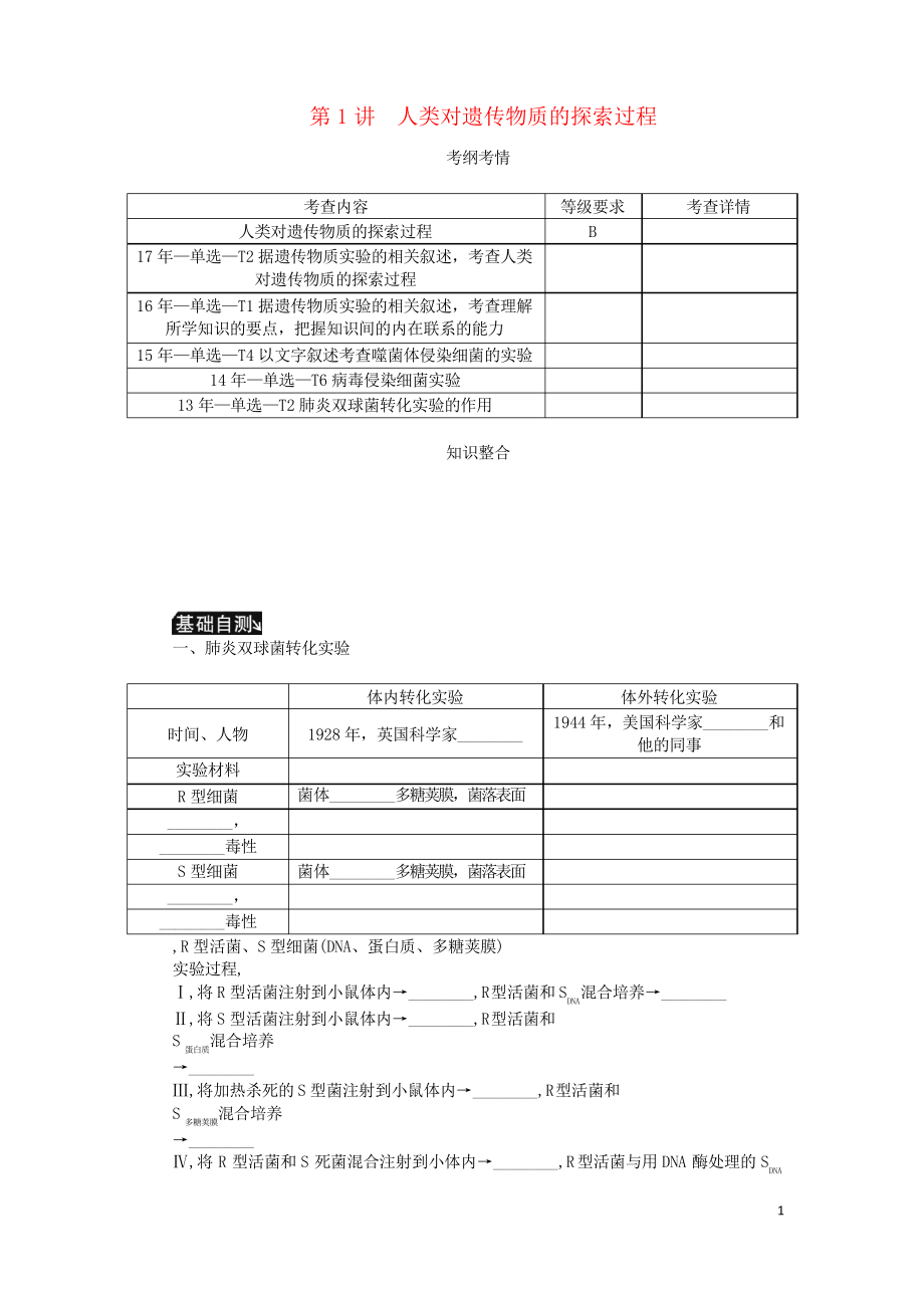 2019年高考生物一輪總復(fù)習(xí) 第6單元 遺傳的分子基礎(chǔ) 第1講 人類對遺傳物質(zhì)的探索過程學(xué)案_第1頁