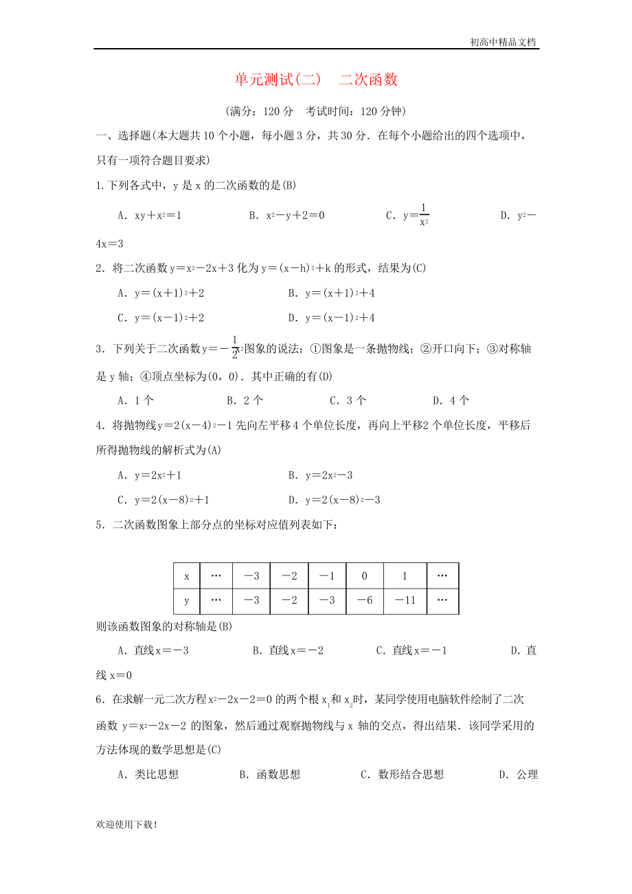 2019九年級數(shù)學(xué)上冊 單元測試二次函數(shù) 新人教版_第1頁