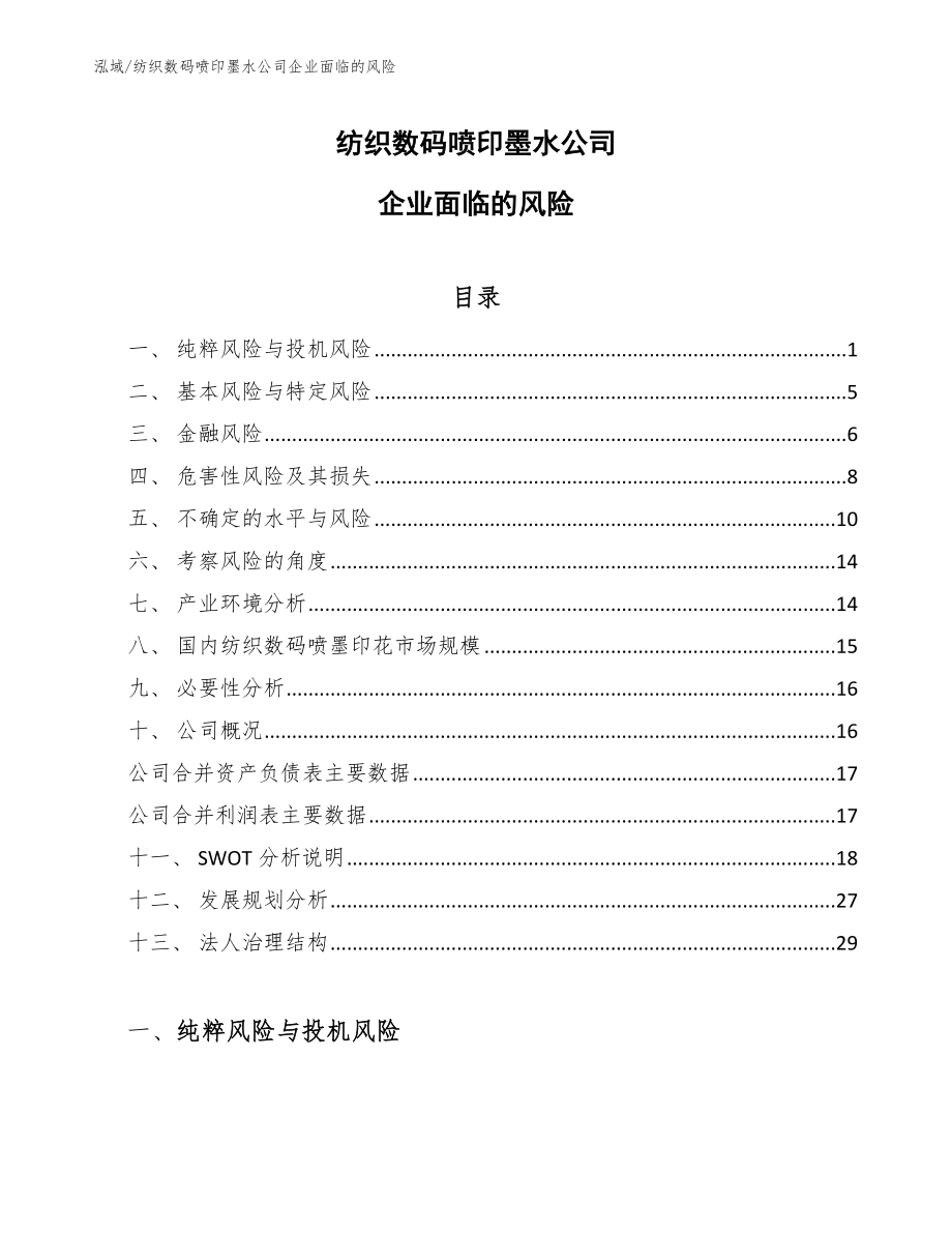 纺织数码喷印墨水公司企业面临的风险_范文_第1页