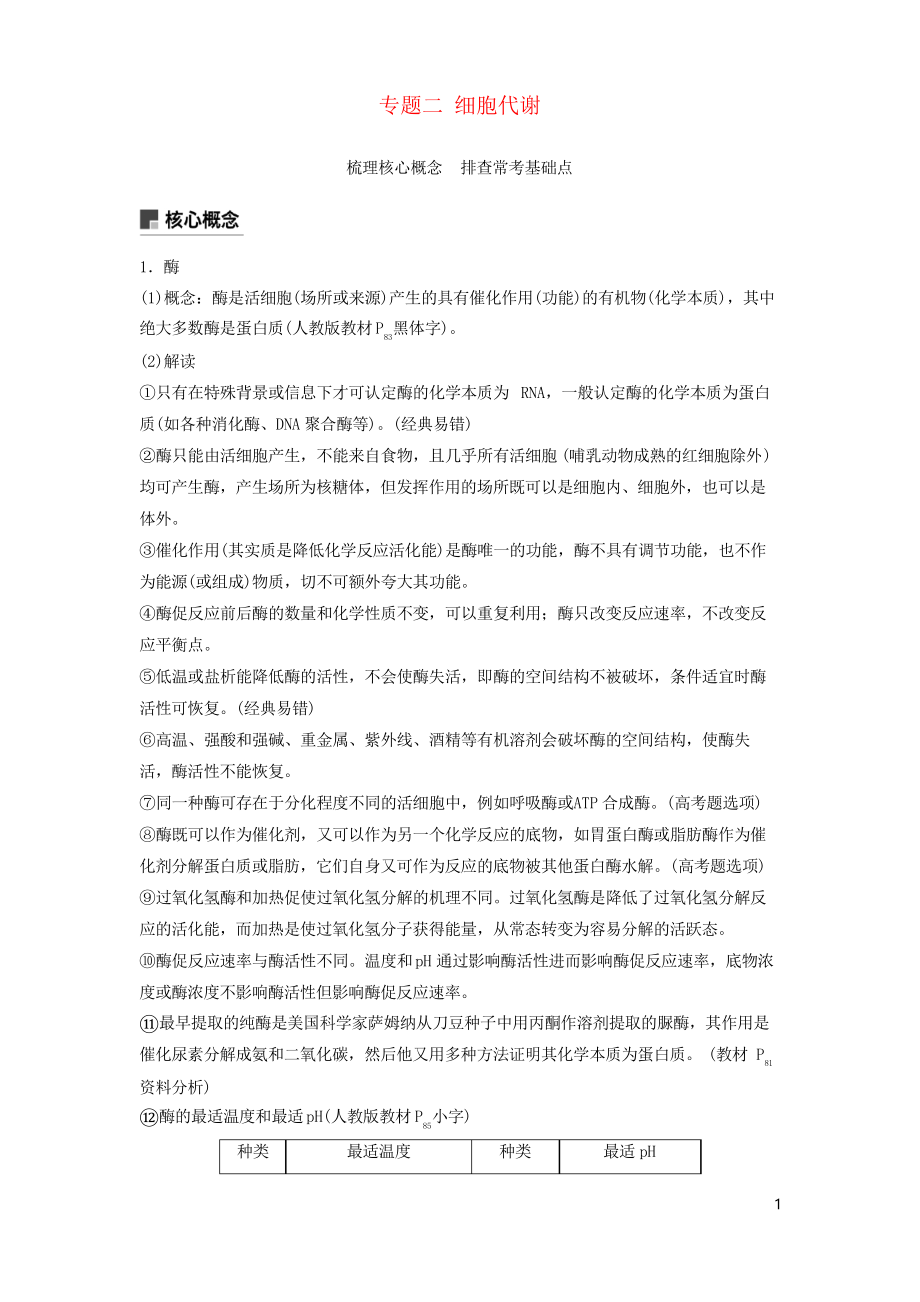 2019版高考生物二輪復習 專題二 細胞代謝 梳理核心概念 排查?？蓟A點學案(復習必用)_第1頁