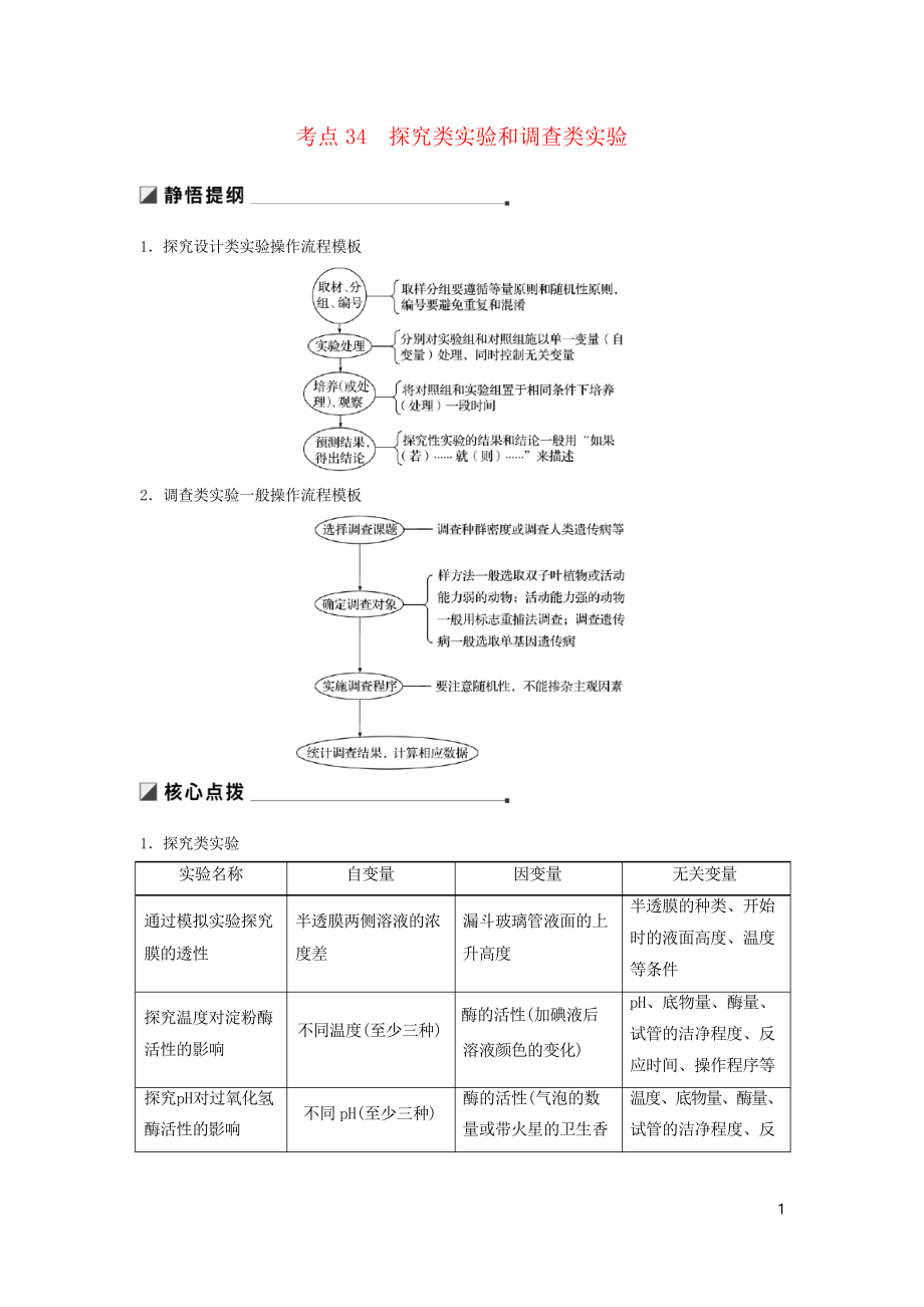 2019版高考生物二輪復(fù)習 專題十二 教材基礎(chǔ)實驗 考點34 探究類實驗和調(diào)查類實驗學案(考試專用)_第1頁