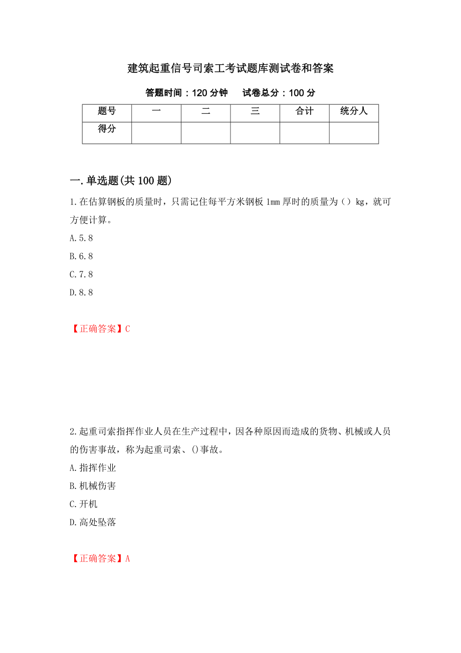 建筑起重信号司索工考试题库测试卷和答案（第9次）_第1页