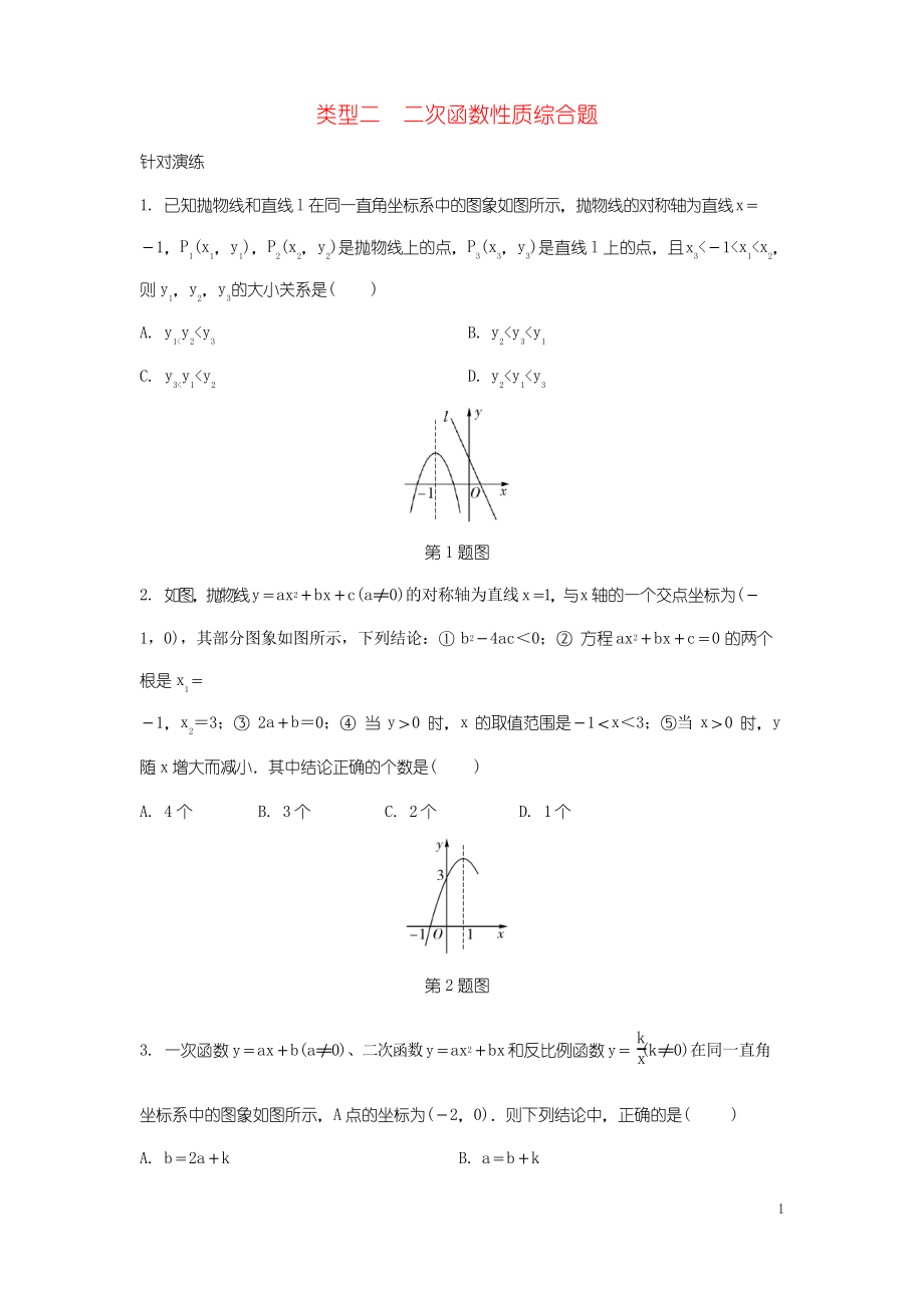 2019中考數(shù)學(xué)專題復(fù)習(xí)過關(guān)集訓(xùn) 函數(shù)圖象性質(zhì)題 類型二 二次函數(shù)性質(zhì)綜合題針對演練 人教部編版_第1頁