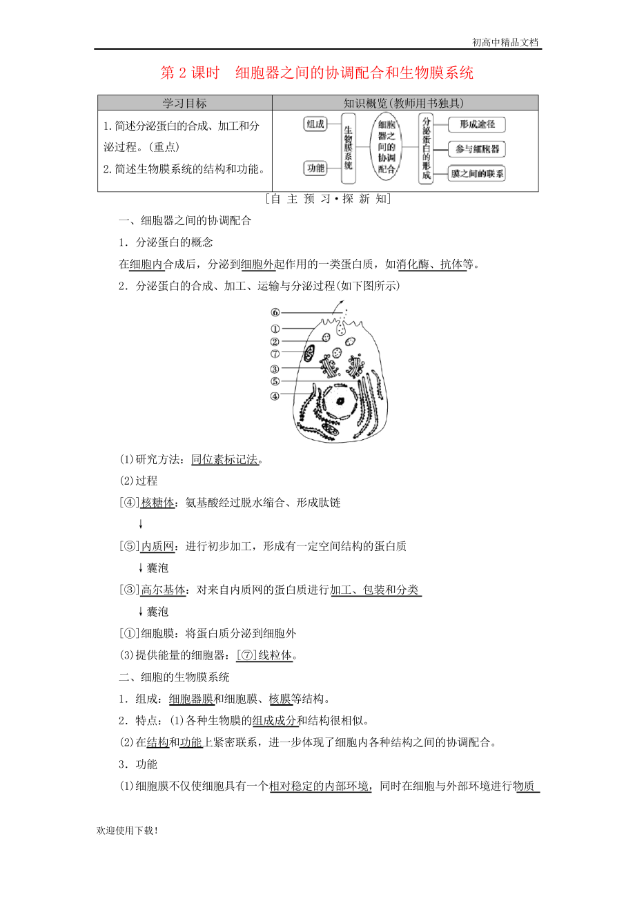 2019高中生物 第三章第2節(jié) 第2課時 細(xì)胞器之間的協(xié)調(diào)配合和生物膜系統(tǒng)教案 人教版必修1_第1頁