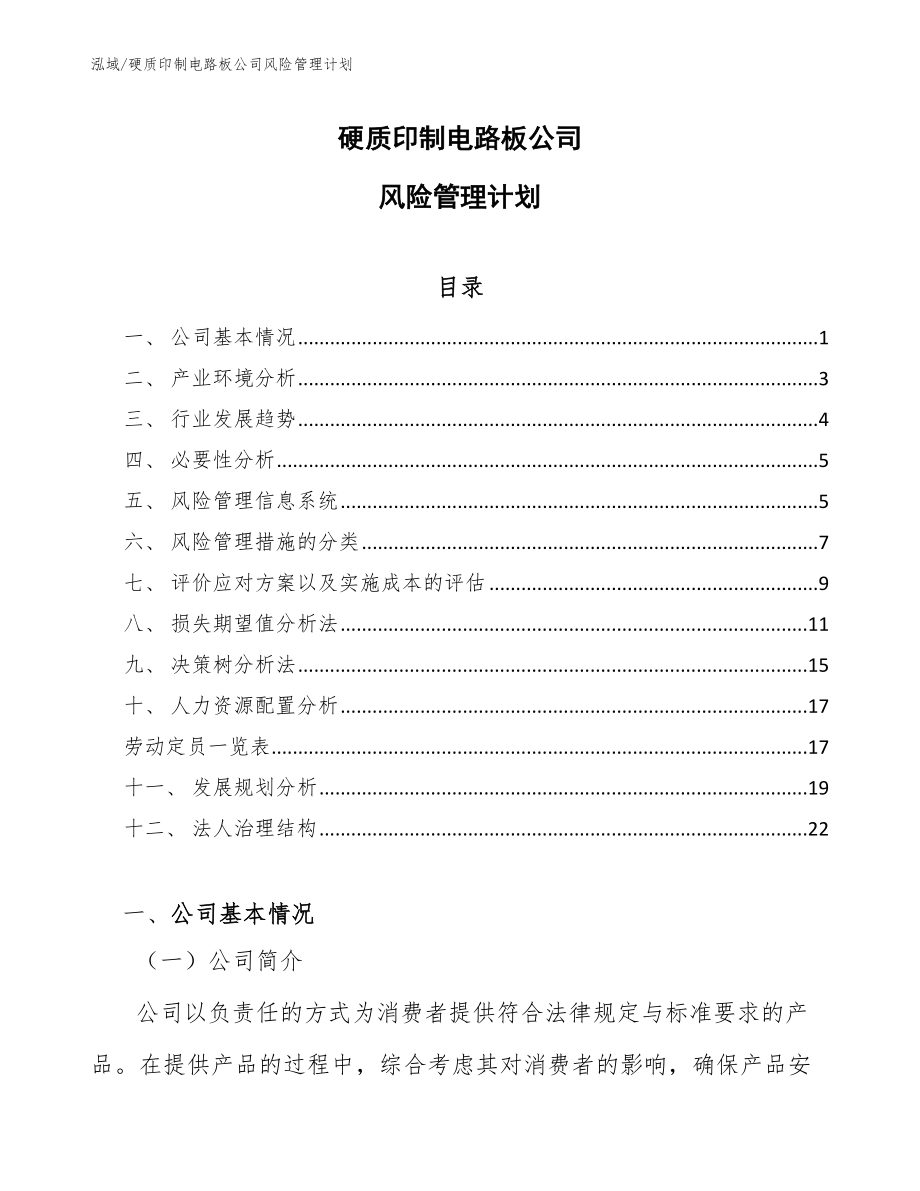 硬质印制电路板公司风险管理计划（参考）_第1页