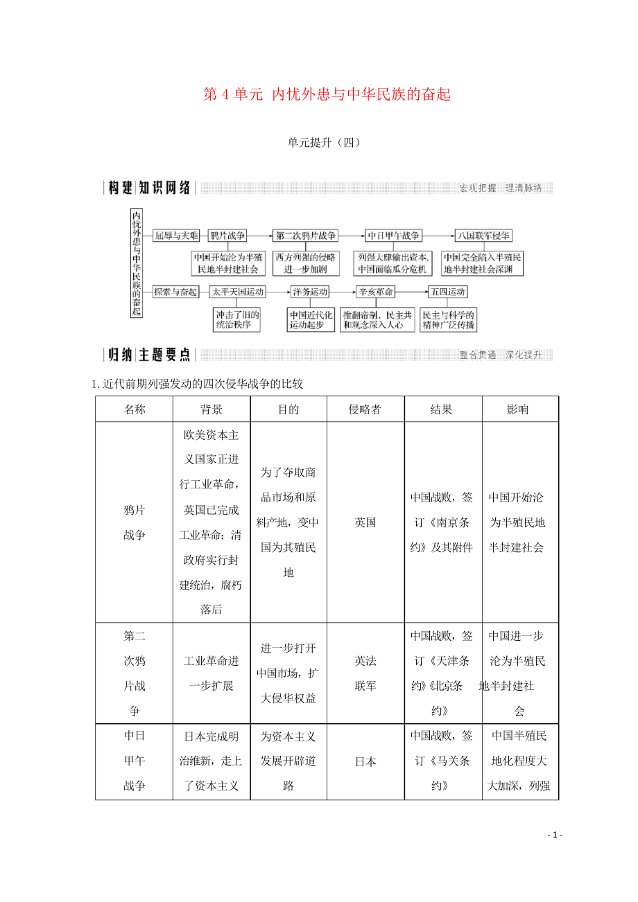 2019版高中歷史 第4單元 內(nèi)憂外患與中華民族的奮起單元提升學(xué)案 岳麓版必修1(考試專用)_第1頁(yè)