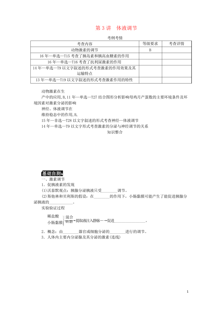 2019年高考生物一輪總復(fù)習(xí) 第8單元 人和動物生命活動的調(diào)節(jié) 第3講 體液調(diào)節(jié)學(xué)案_第1頁