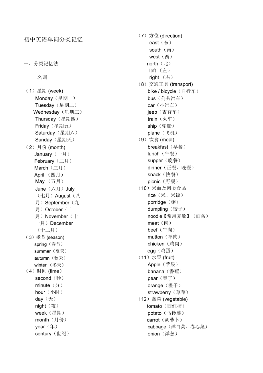 初中英语单词分类大全(打印版)(共10页)_第1页