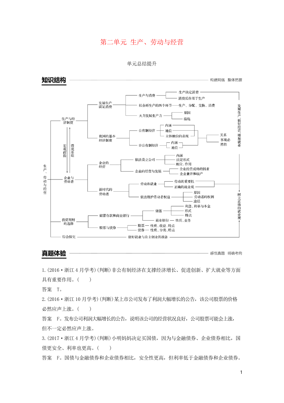 2019版學(xué)年高中政治 第二單元 生產(chǎn)、勞動與經(jīng)營單元總結(jié)提升 新人教版必修1(考試專用)_第1頁