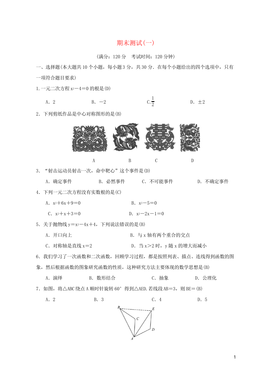 2019九年級(jí)數(shù)學(xué)上冊(cè) 期末測(cè)試新人教版_第1頁(yè)