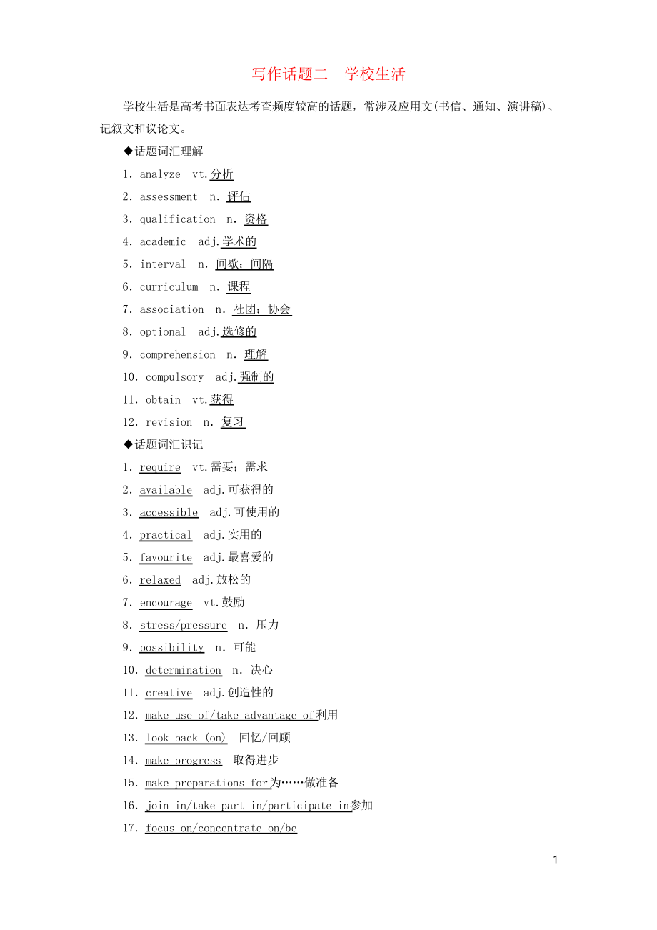 2019高考英語(yǔ)一輪復(fù)習(xí)專(zhuān)用 寫(xiě)作話(huà)題 2 學(xué)校生活 新人教版_第1頁(yè)