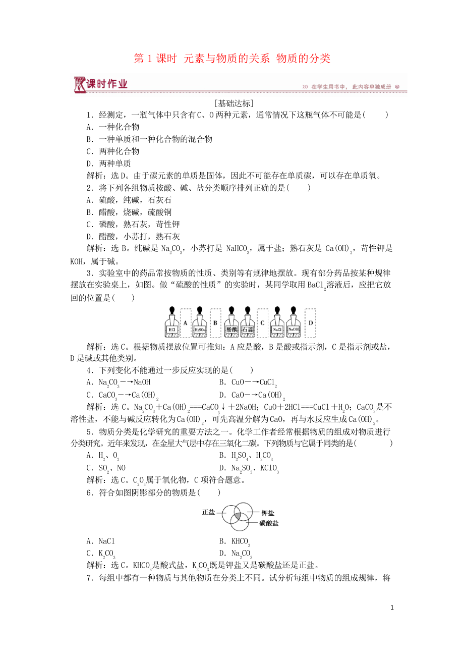 2019高中化學(xué) 第2章第1節(jié)第1課時(shí) 元素與物質(zhì)的關(guān)系 物質(zhì)的分類作業(yè)3 魯科版必備1_第1頁