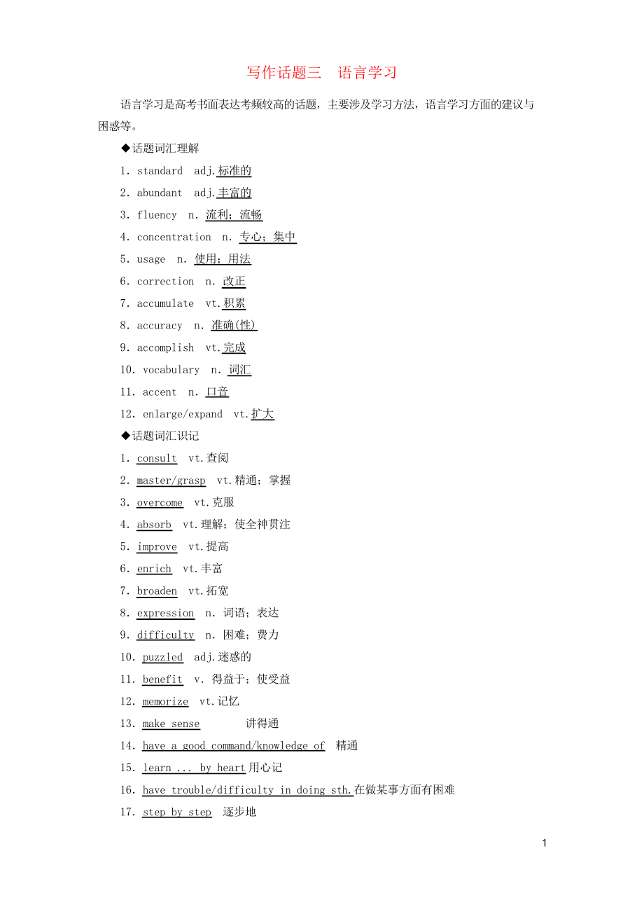 2019高考英語一輪復(fù)習(xí)專用 寫作話題 3 語言學(xué)習(xí) 新人教版_第1頁