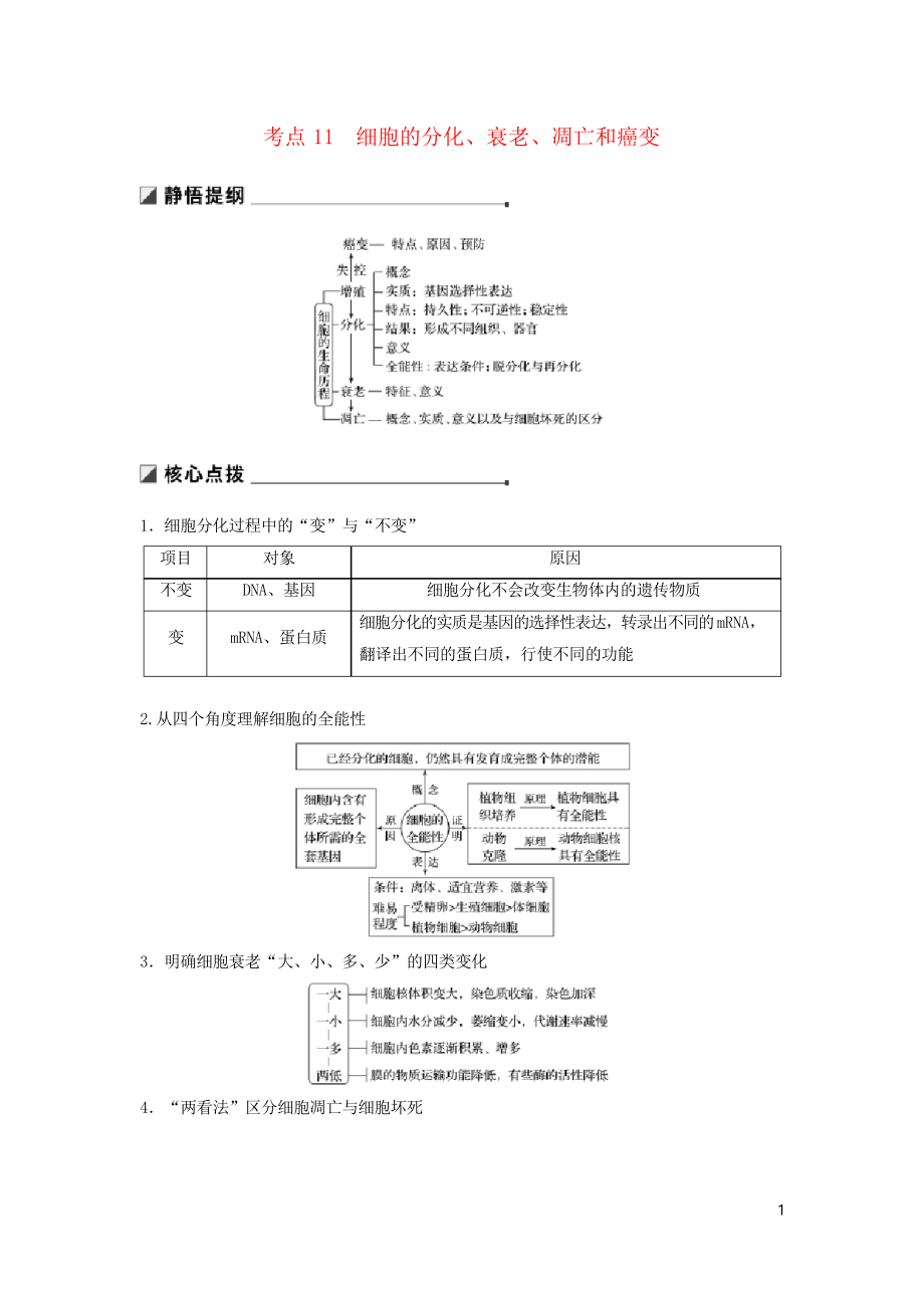 2020高考生物二輪復(fù)習(xí) 專題三 細(xì)胞的生命歷程 考點11 細(xì)胞的分化、衰老、凋亡和癌變學(xué)案_第1頁