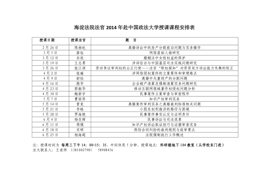 海淀法院法官2014年赴中国政法大学授课课程安排表_第1页