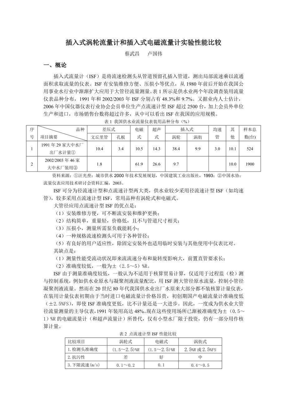 插入式涡轮流量计和插入式电磁流量计实验性能比较_第1页