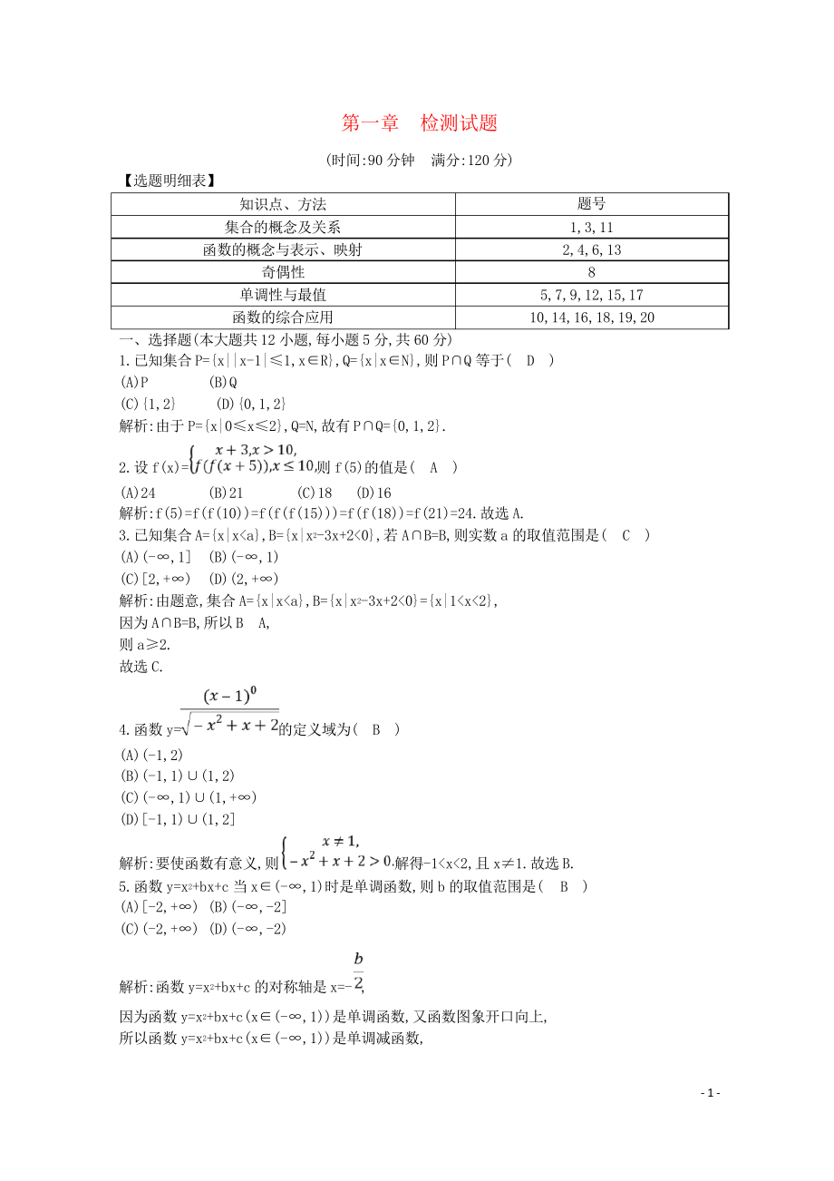 2019學(xué)年度高中數(shù)學(xué) 第一章 集合與函數(shù)的概念檢測(cè)試題 新人教A版必修1_第1頁(yè)