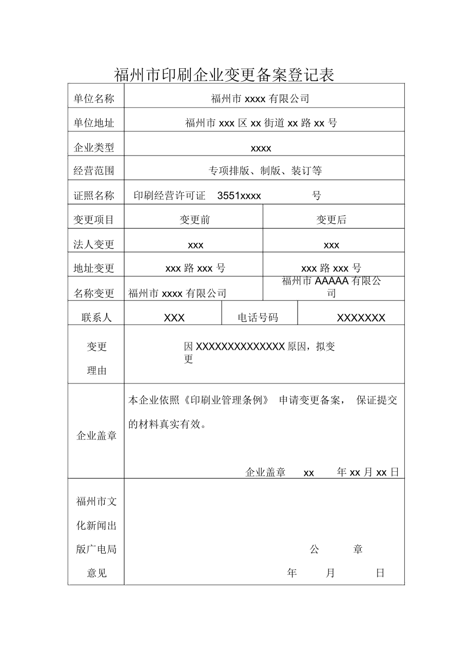 福建省印刷业申请变更登记表_第1页
