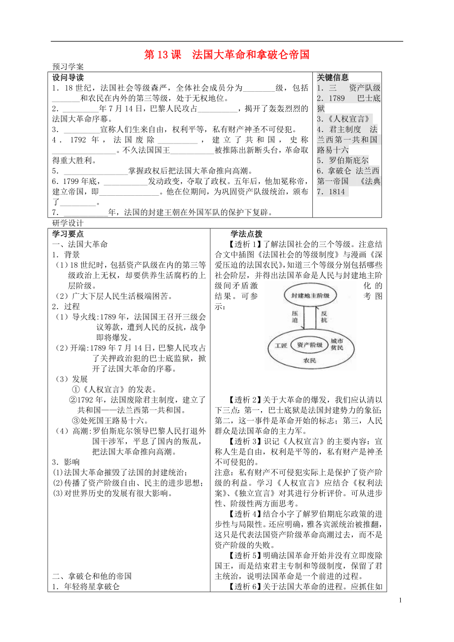 九年級歷史上冊 第四單元 第13課《法國大革命和拿破侖帝國》學(xué)案 新人教版_第1頁