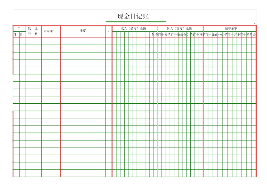 Excel财务现金日记账-电子表格(空白)_第1页