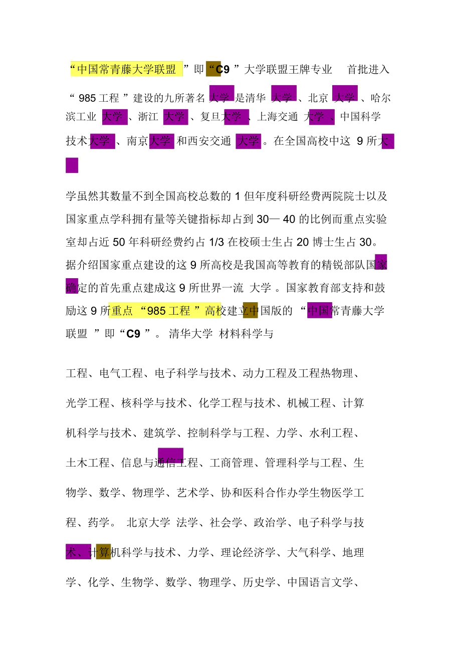 “中国常青藤大学联盟”,即“C9”大学联盟王牌专业_第1页