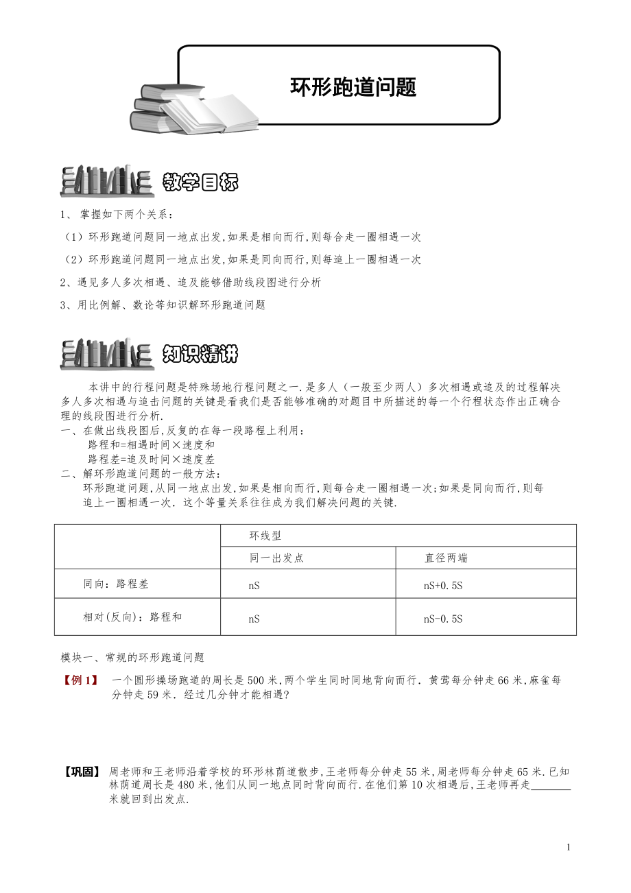 小学数学知识点例题精讲《环形跑道问题》学生版_第1页