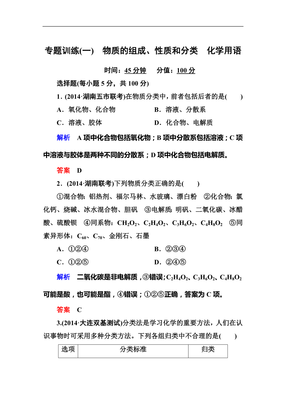 2015化學(xué)二輪專題訓(xùn)練1：物質(zhì)的組成、性質(zhì)和分類 化學(xué)用語(含解析)_第1頁