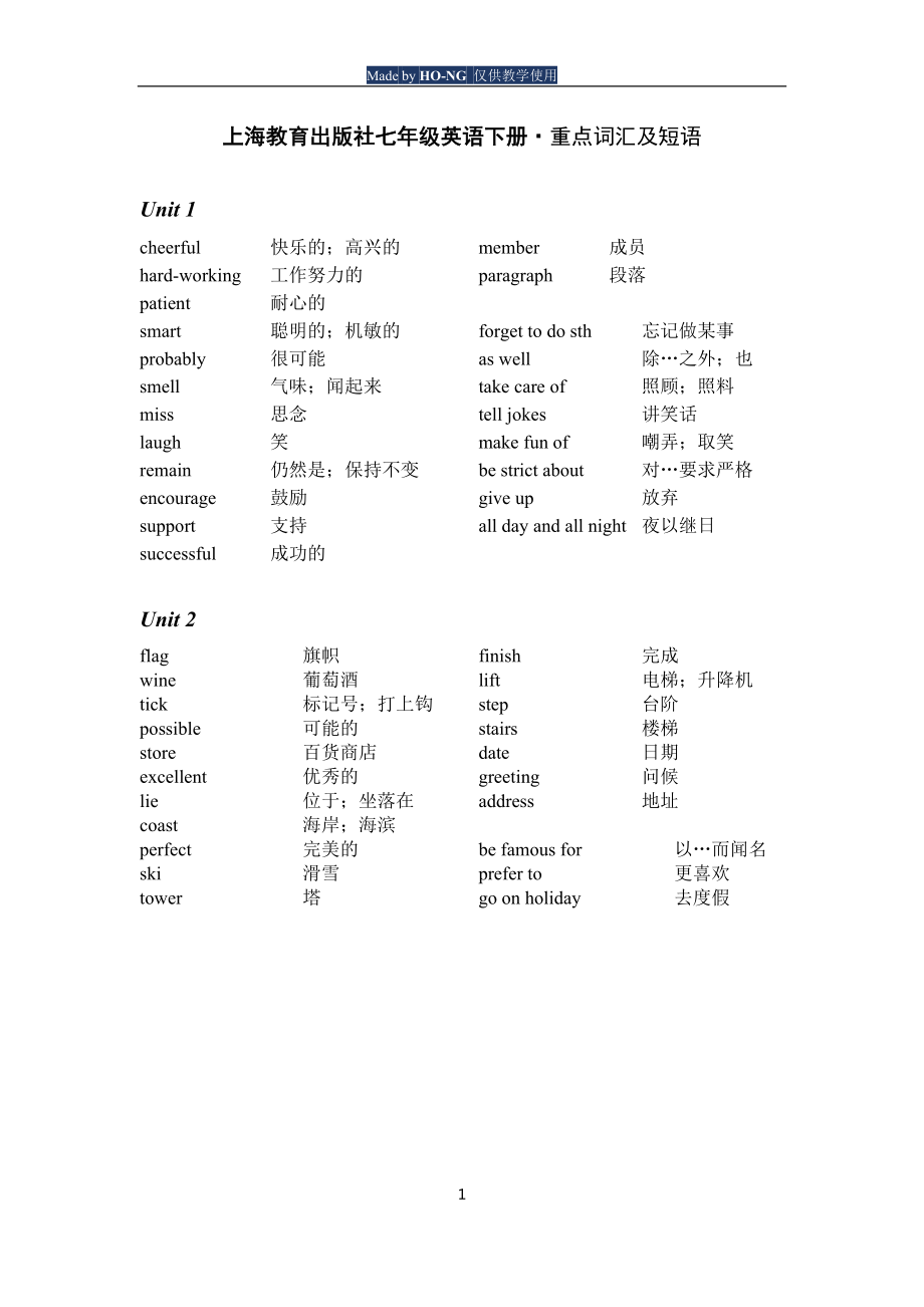 上海教育出版社 七年级英语下册重点词汇及短语(深圳初中专用)_第1页