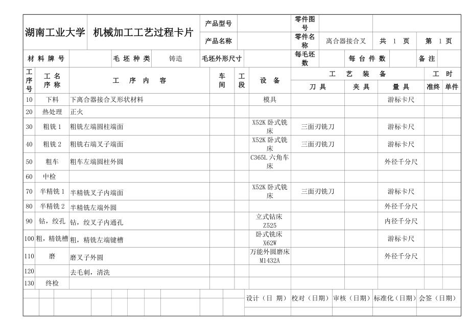 離合器接合叉加工工藝過程卡片_第1頁