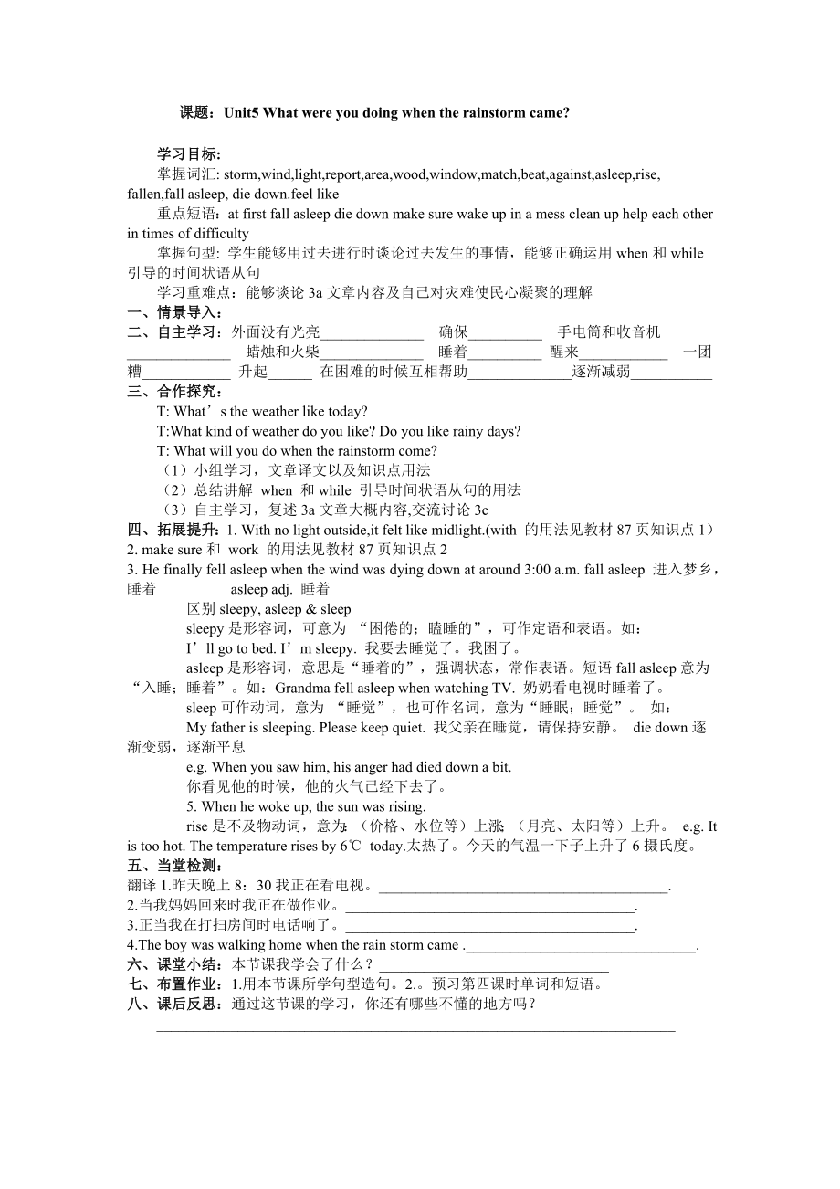 人教版英語八年級下冊Unit 5 What were you doing when the rainstorm came_ Section A 3a—3c學(xué)案（無答案）_第1頁