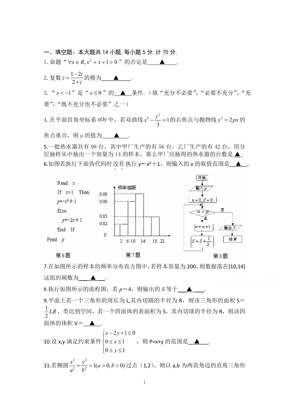 3 数学-响水中学2014-2015学年高二上学期期末考试 数学理_第1页