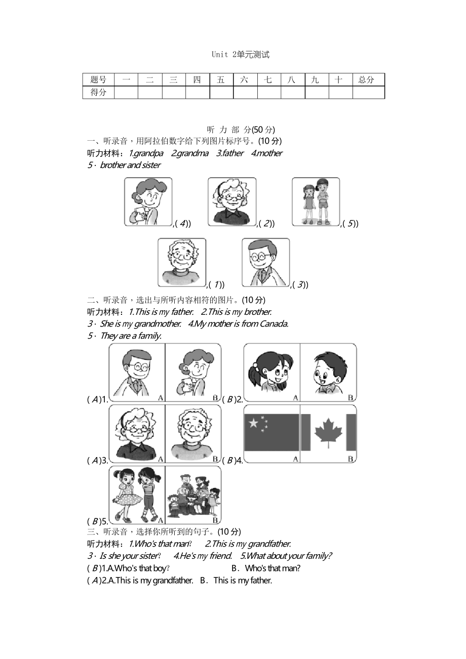 人教版(PEP)英語三年級下冊Unit 2 《My family》 單元測試(含聽力材料與答案)_第1頁