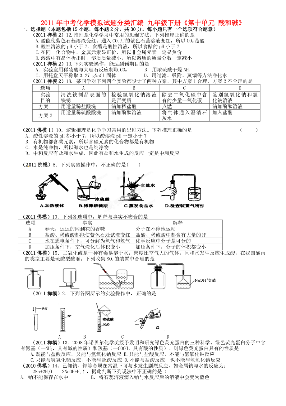 中考化學(xué)模擬試題分類匯編 九年級下冊《第十單元 酸和堿》_第1頁