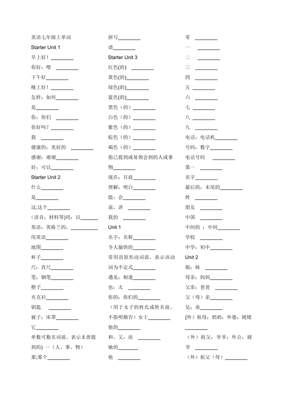新目标七年级上册单词(中文)_第1页