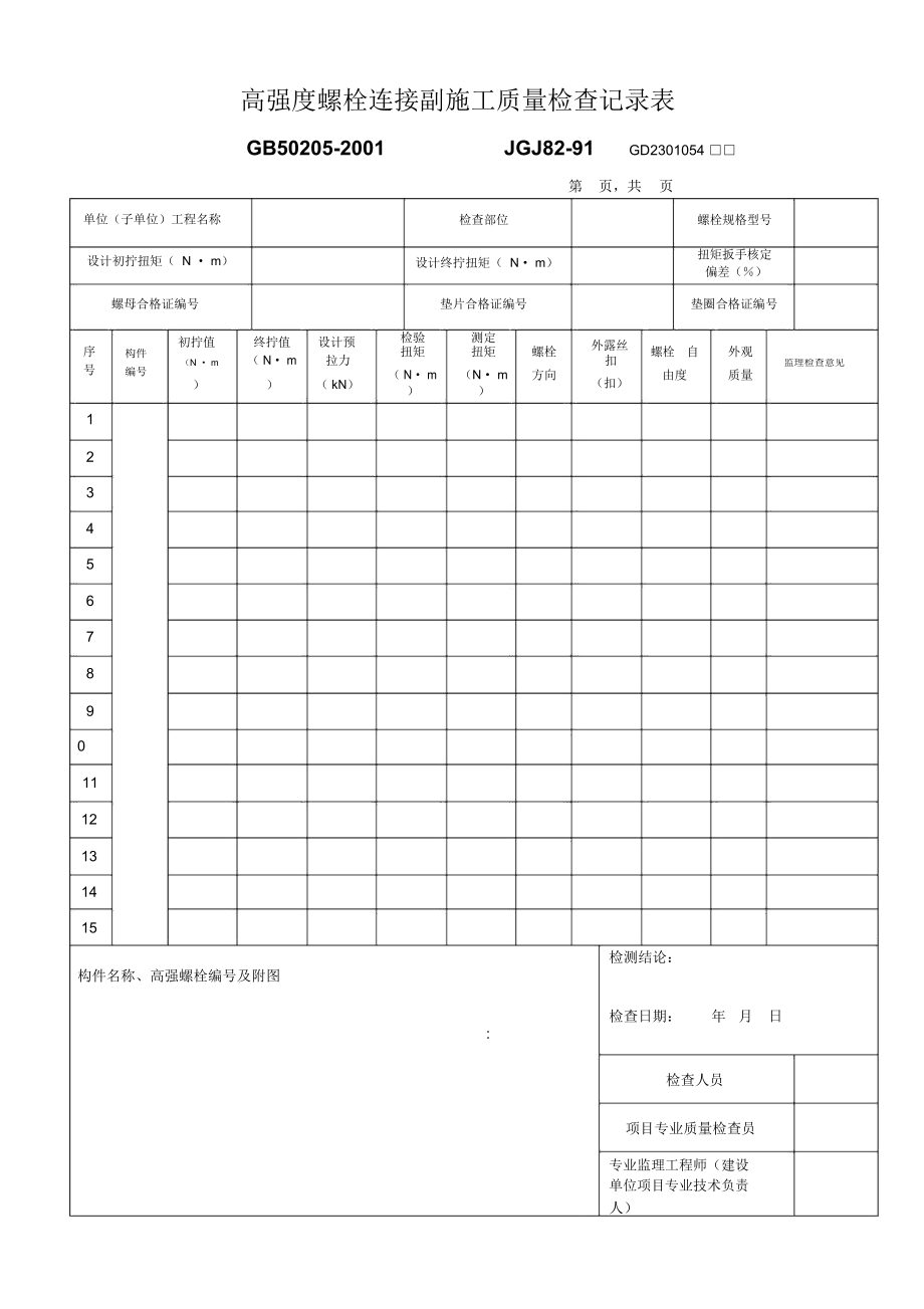 高强度螺栓连接副施工质量检查记录表_第1页