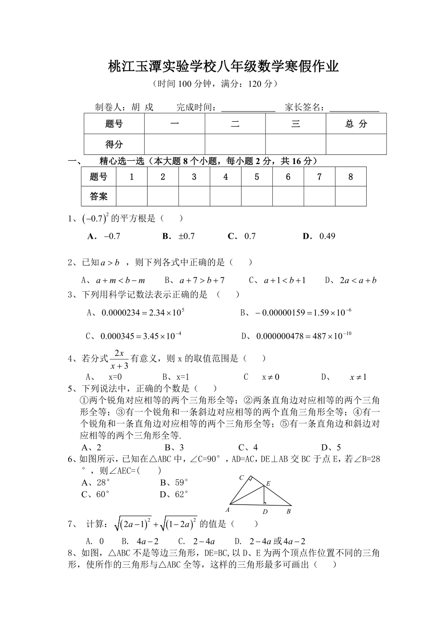 桃江玉潭实验学校八年级数学寒假作业_第1页