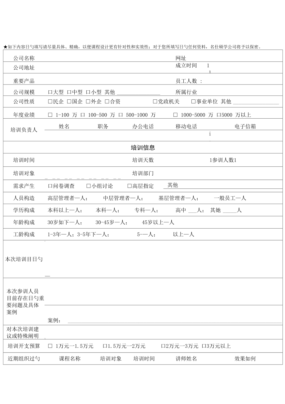 培训需求信息反馈表培训需求调查表_第1页