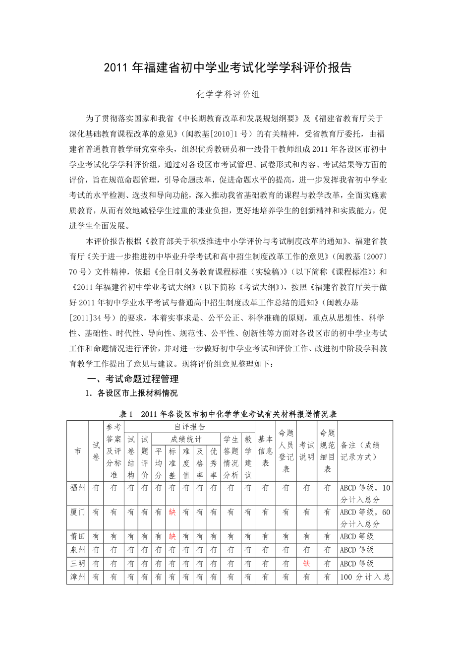 2011年福建省初中学业考试化学学科评价报告定稿_第1页