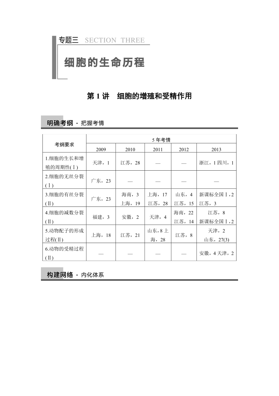 2014步步高生物二轮专题复习与增分策略专题三 第1讲细胞的增殖和受精作用_第1页